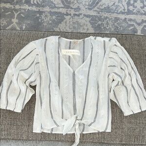 lovestitch White and Black Striped Tie-Front Peasant Top